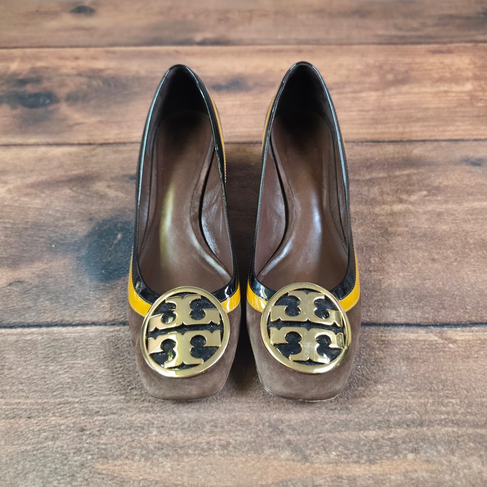 Tory Burch Pumps Womens 9.5 Brown Suede Block Heel Logo Medallion Square Toe